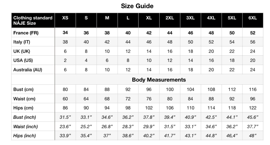 NÁJE clothing size chart